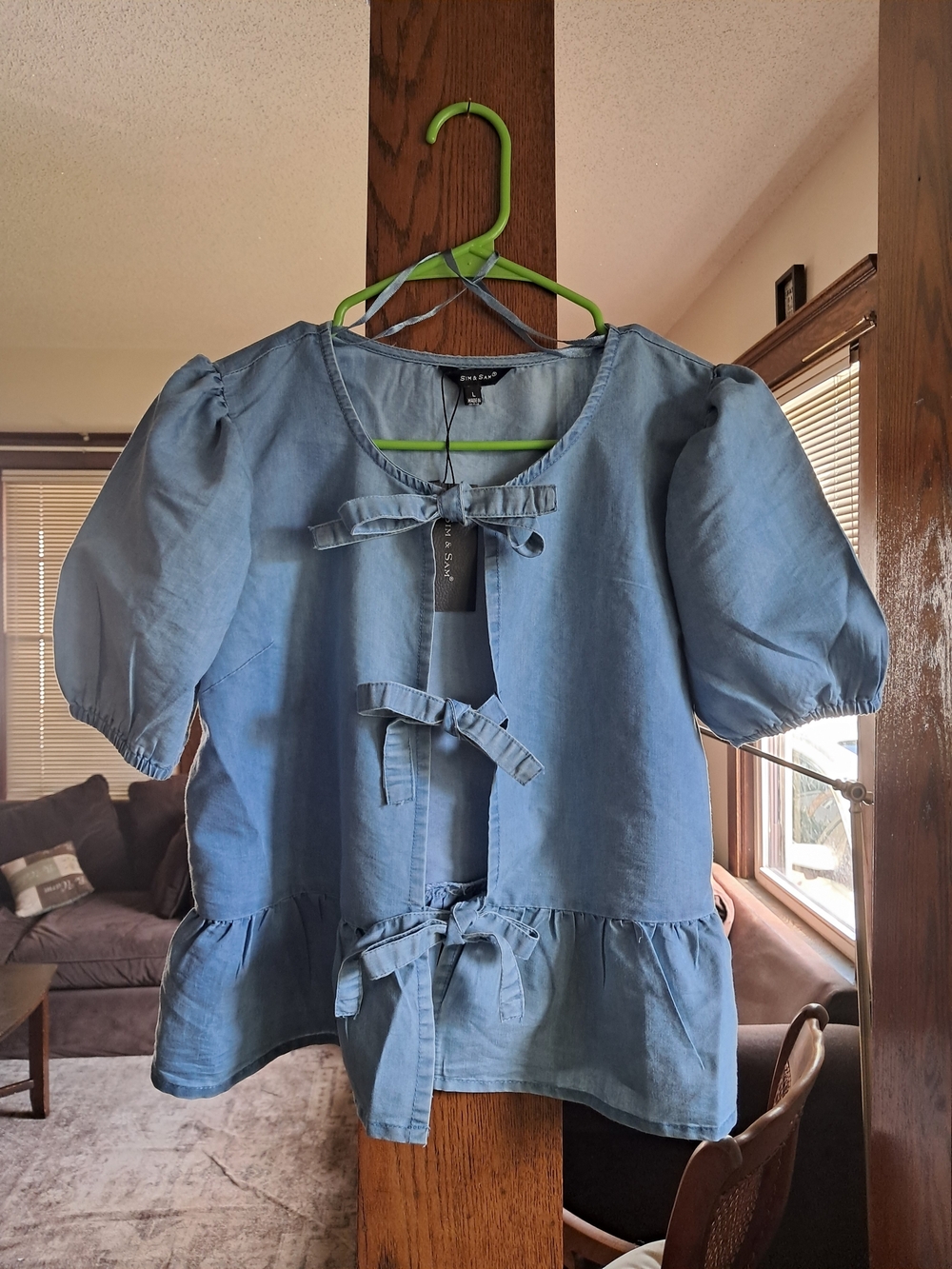 Light Blue Tie-Front Puff Sleeve Blouse